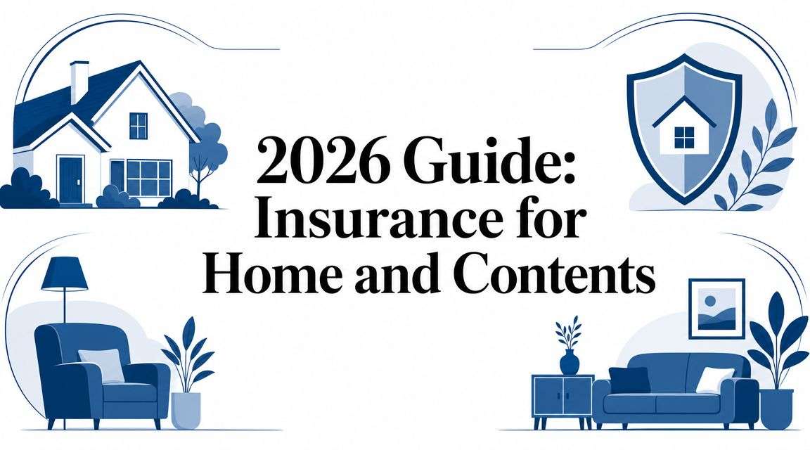 Graphic header with a blue-toned house illustration, shield emblem, and living room furniture surrounding the title '2026 Guide: Insurance for Home and Contents'.
