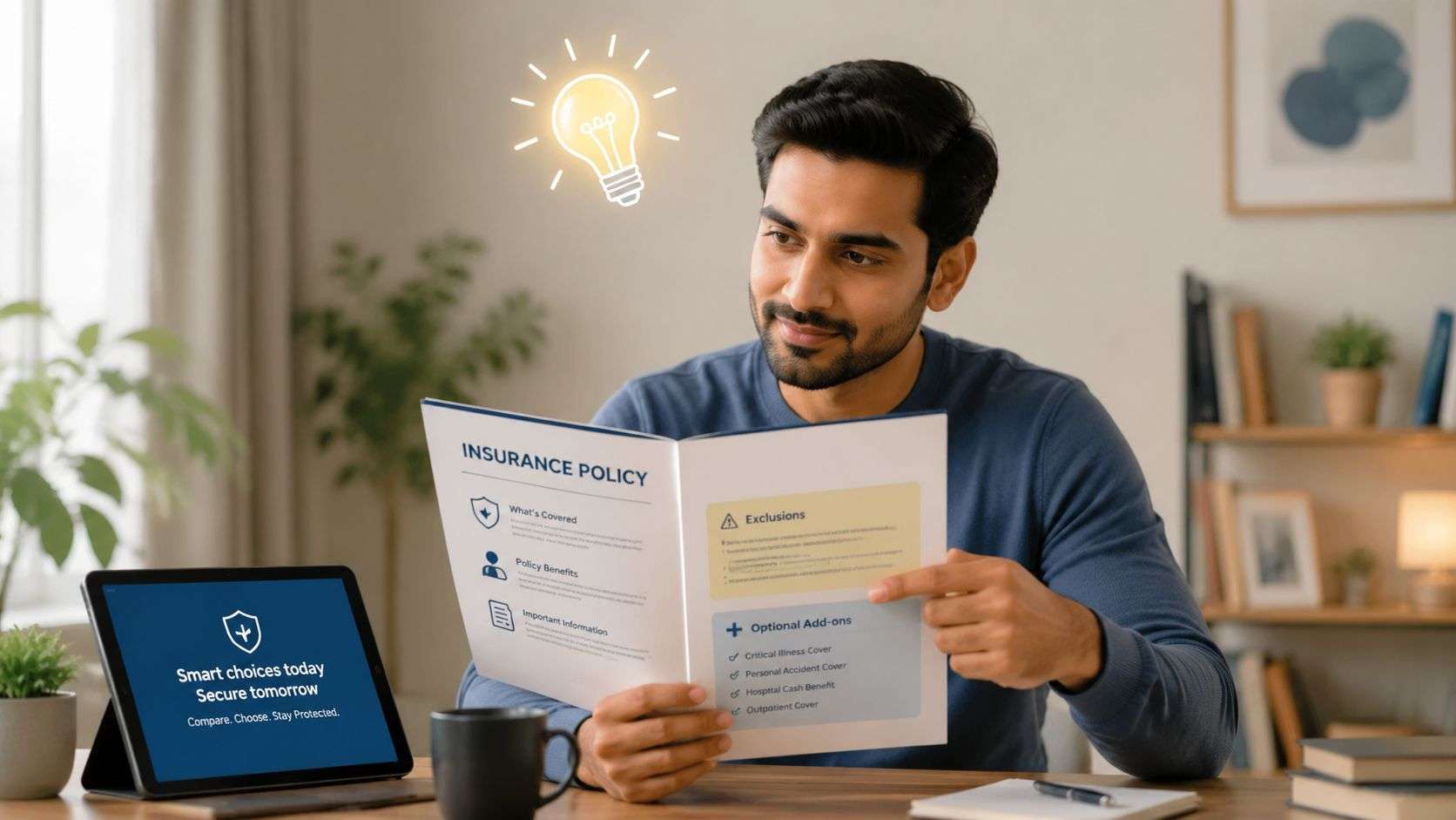 A man in a blue sweater reading an insurance policy document with a tablet nearby.
