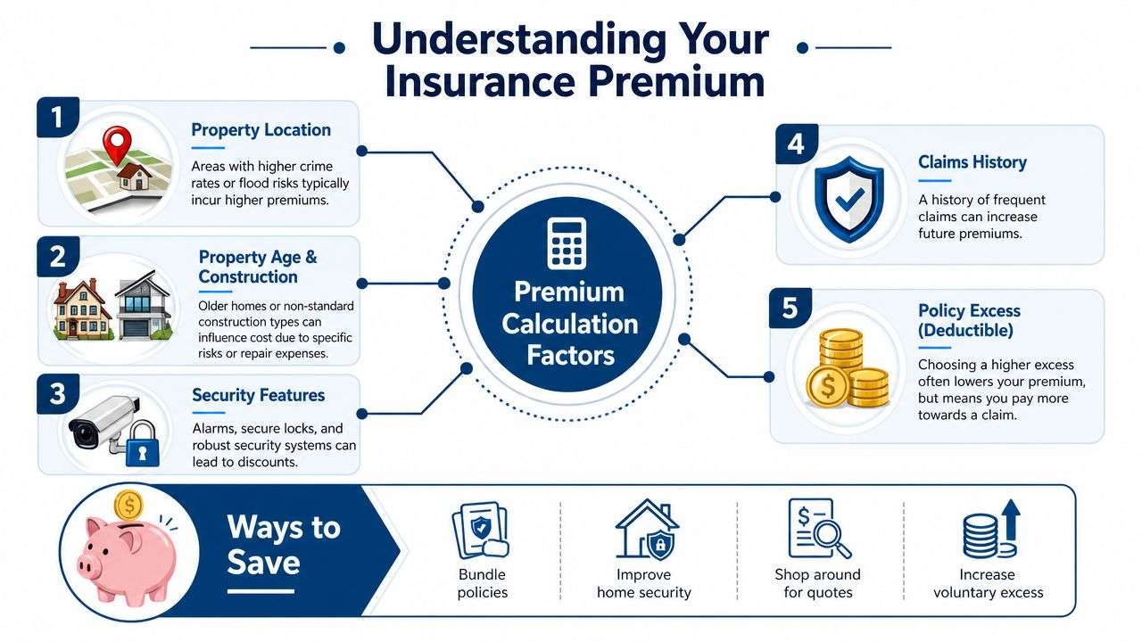 An infographic showing five key factors that influence home insurance premiums and tips for saving money.