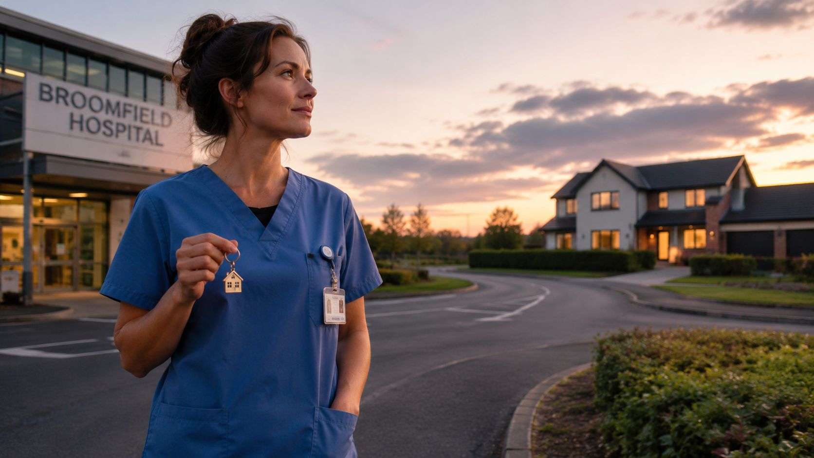 A healthcare worker in blue scrubs holding house keys outside a hospital at sunset.