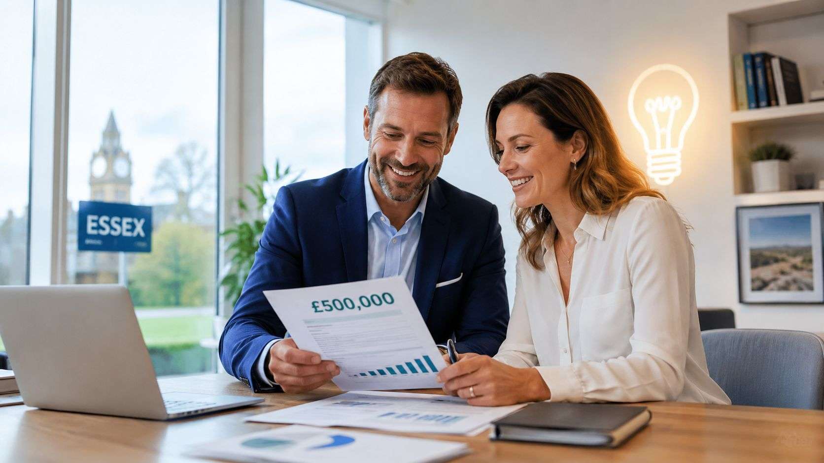 A professional man and woman discussing a document with financial charts in a bright modern office.