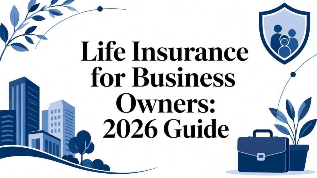 Blue-toned business-themed banner with a cityscape, shield icon, and plant motifs, captioned 'Life Insurance for Business Owners: 2026 Guide'