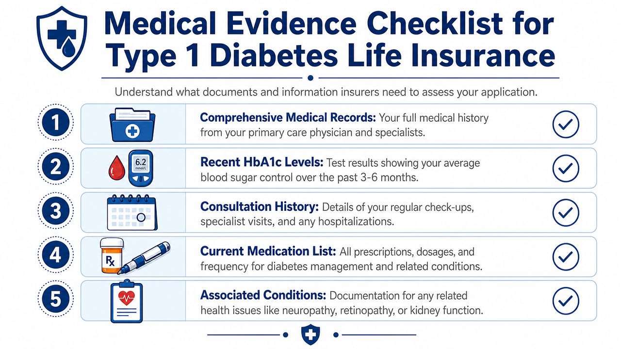 A checklist infographic outlining the five essential medical documents needed for Type 1 diabetes life insurance applications.
