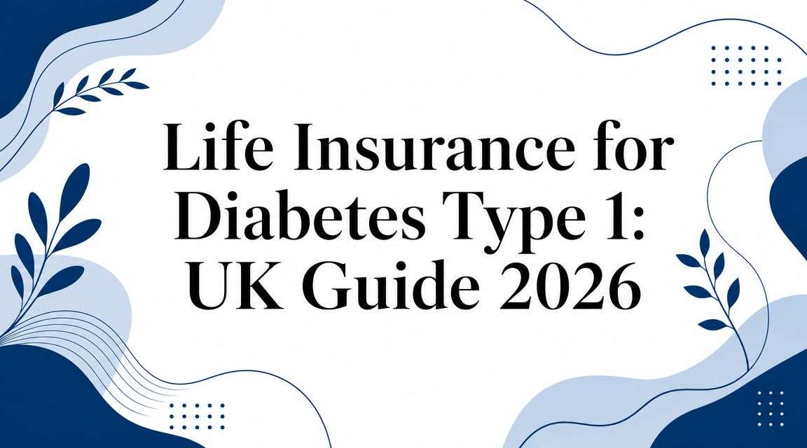 Title banner: "Life Insurance for Diabetes Type 1: UK Guide 2026" (informational image) with decorative blue shapes in the background.