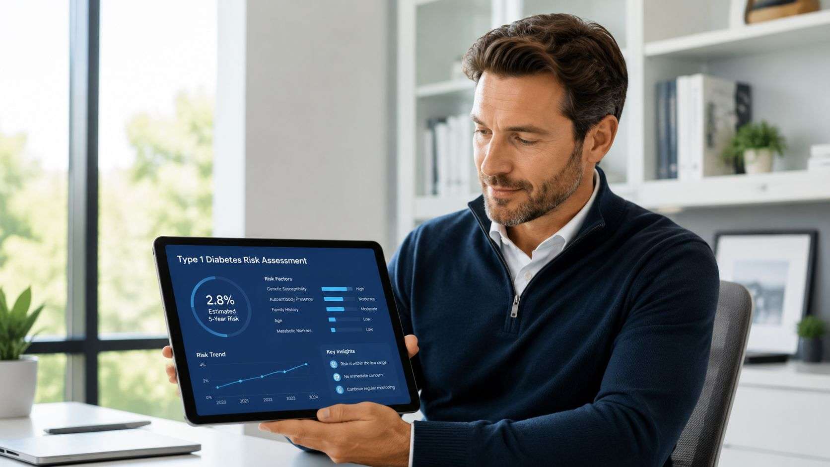 A professional man displays a digital tablet showing a Type 1 diabetes risk assessment chart in an office.