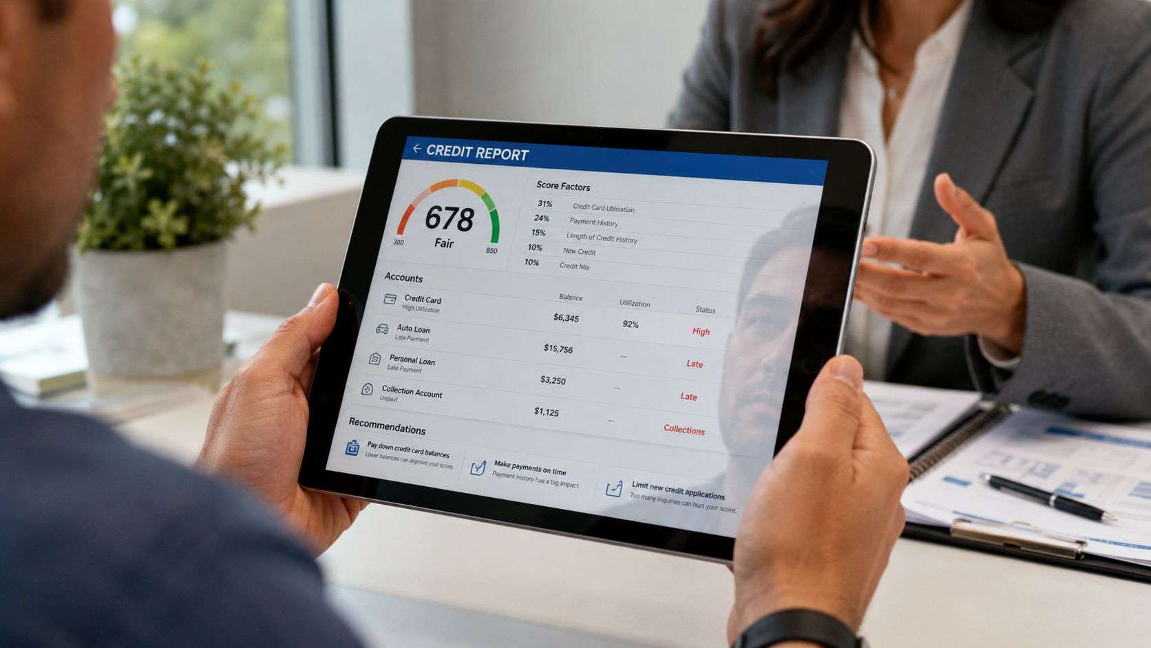 A professional financial advisor reviewing a client's fair credit report on a digital tablet screen.