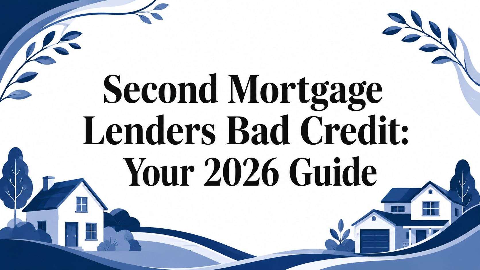 Title banner for an article: 'Second Mortgage Lenders Bad Credit: Your 2026 Guide' with blue houses and decorative leaves on a white background.
