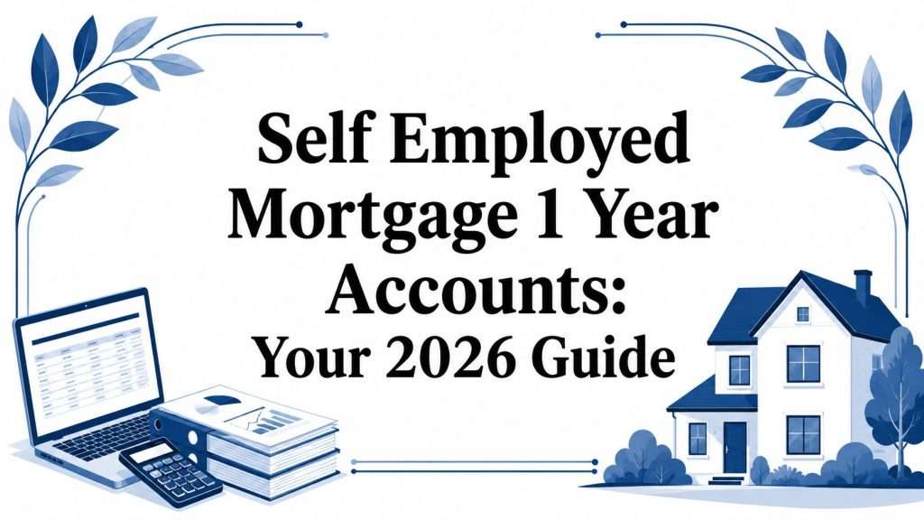 Blue decorative banner with a house, laptop, calculator and documents beside the title about self-employed mortgage accounts.