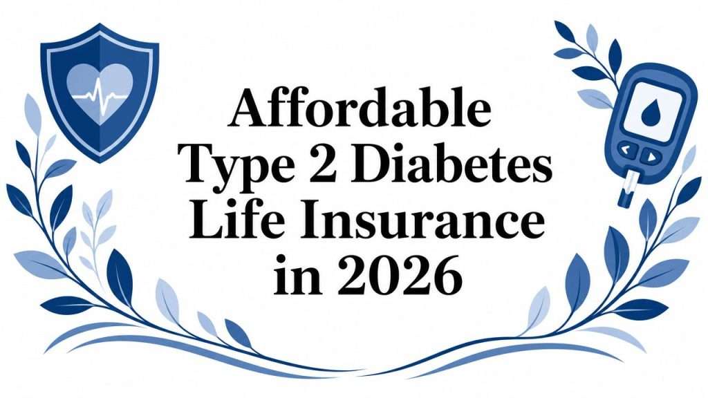 Banner announcing affordable type 2 diabetes life insurance in 2026, featuring a blue shield with heartbeat symbol and a glucose meter among decorative blue leaves.