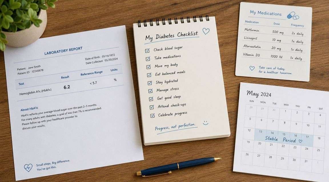 A laboratory report, a diabetes checklist, a medication list, and a calendar on a wooden table.