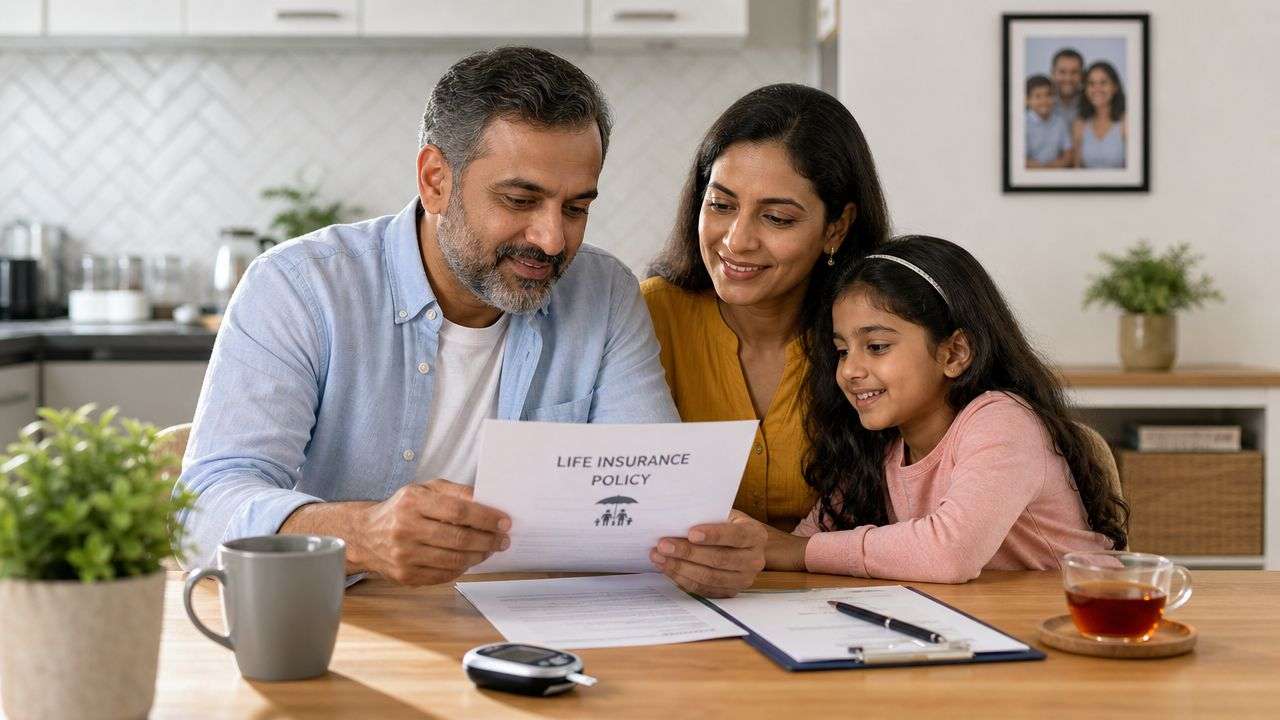 An Indian family reviewing life insurance policy papers together in a bright, modern home kitchen setting.