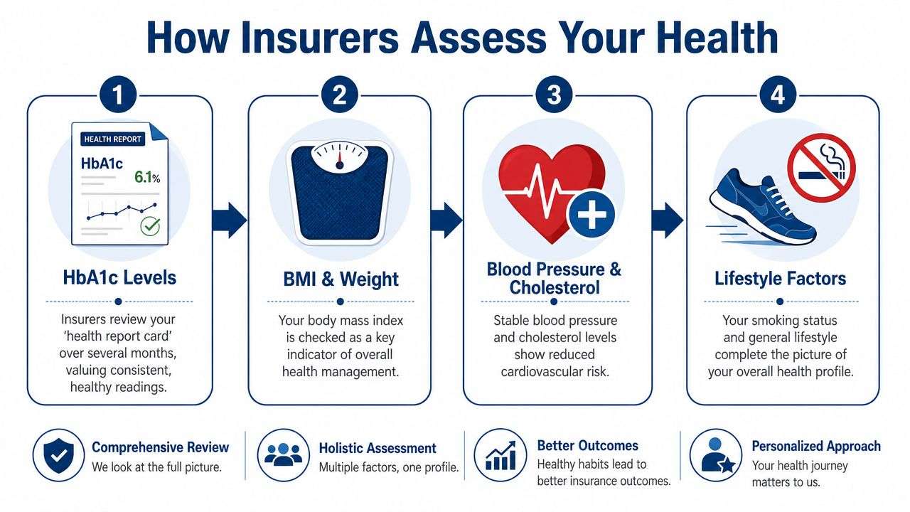 An infographic titled How Insurers Assess Your Health showing four factors including HbA1c, BMI, blood pressure, and lifestyle.