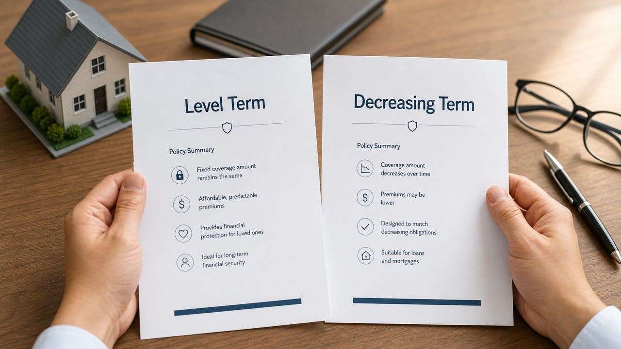 A person holding two informational sheets comparing Level Term and Decreasing Term life insurance policy features.