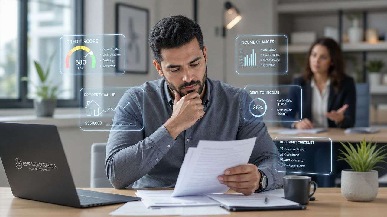 A professional man reviewing mortgage documents with digital financial analytics overlays visible in his office.