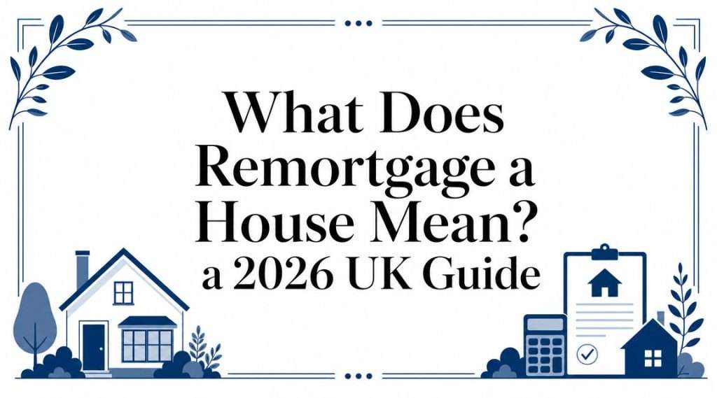Header with a blue decorative border and house-and-document icons, displaying the title: 'What Does Remortgage a House Mean? a 2026 UK Guide'