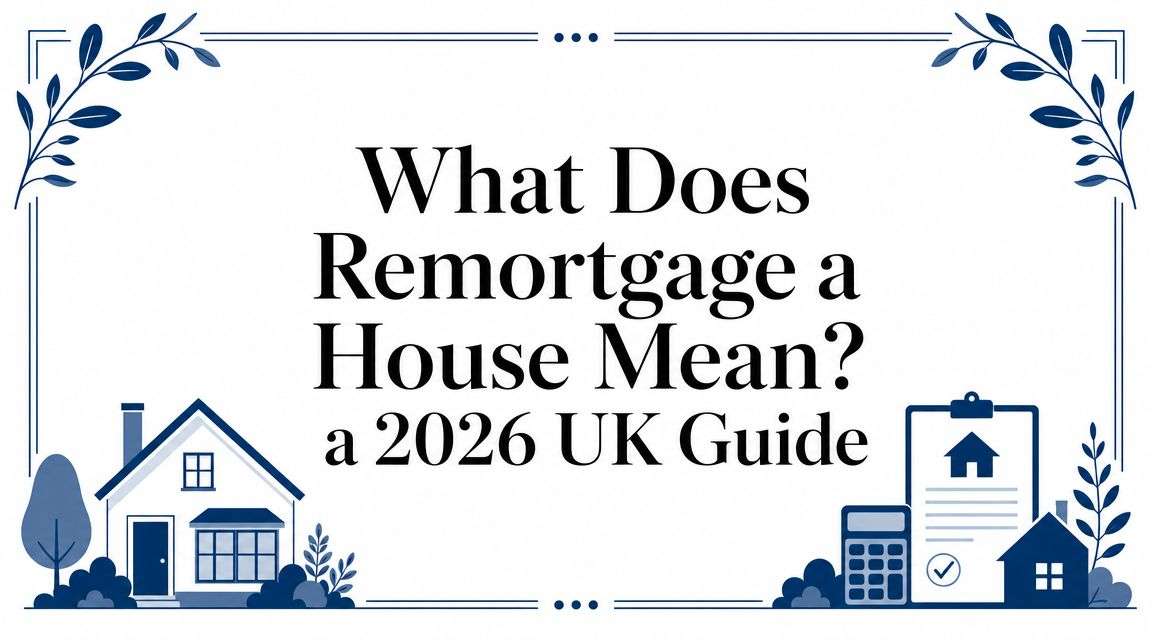 Header with a blue decorative border and house-and-document icons, displaying the title: 'What Does Remortgage a House Mean? a 2026 UK Guide'