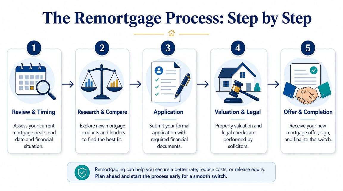 A five-step infographic illustrating the remortgage process for homeowners, from review and timing to completion.