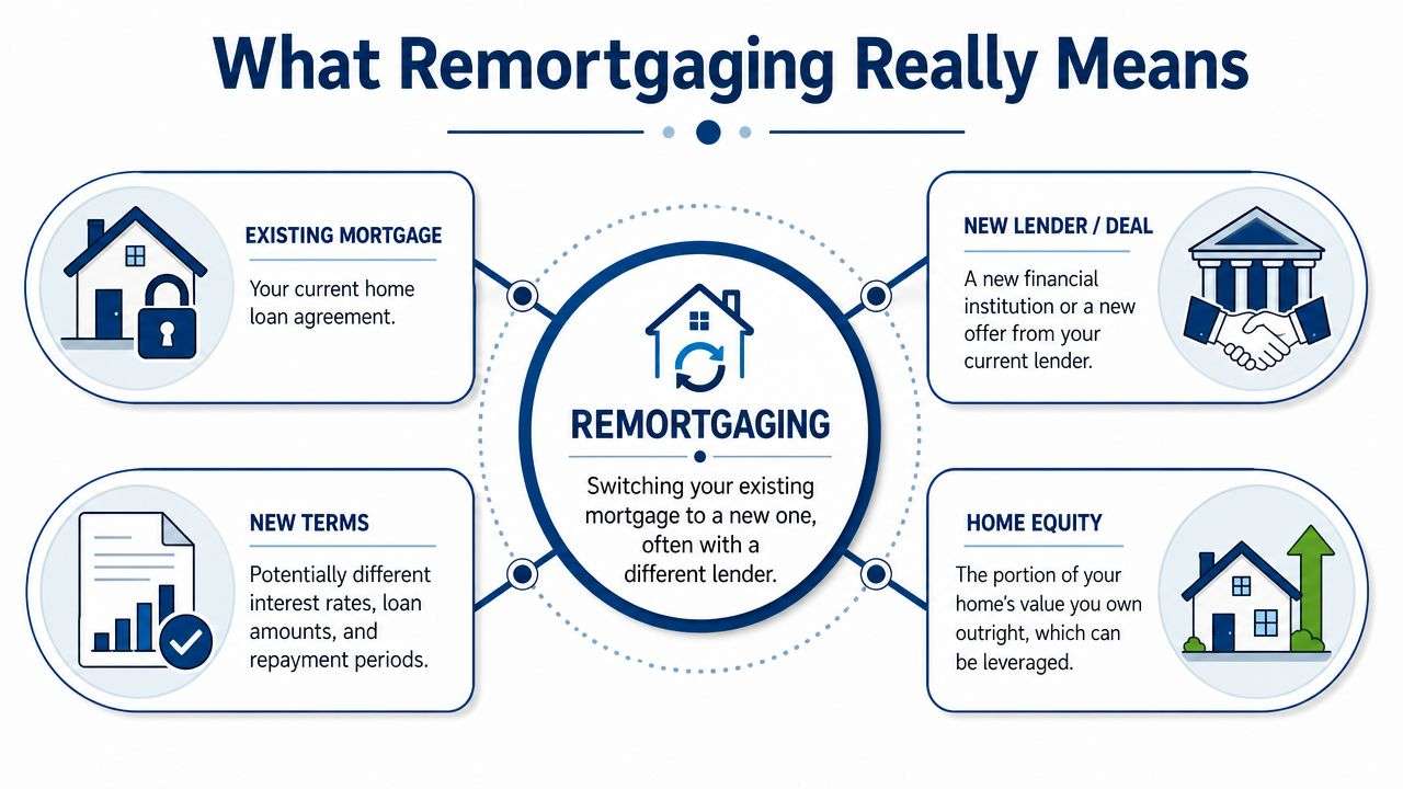 An infographic explaining the concept of remortgaging a home, including key terms like equity and new deals.