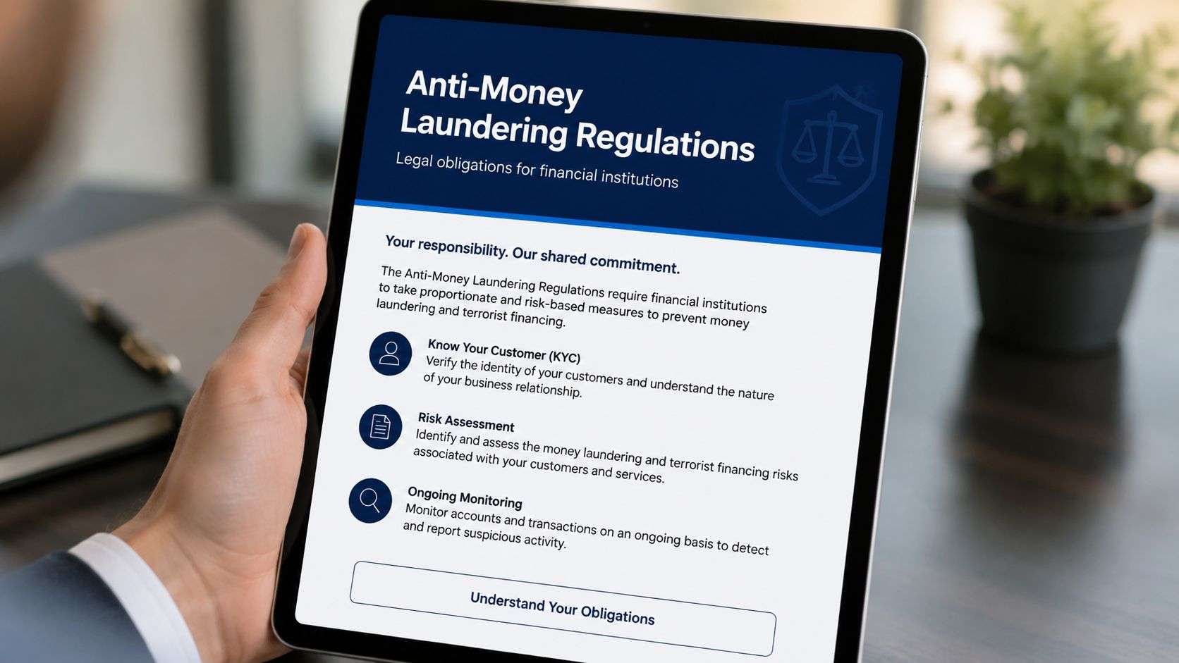A tablet screen displaying an overview of Anti-Money Laundering regulations for financial institutions and their key responsibilities.