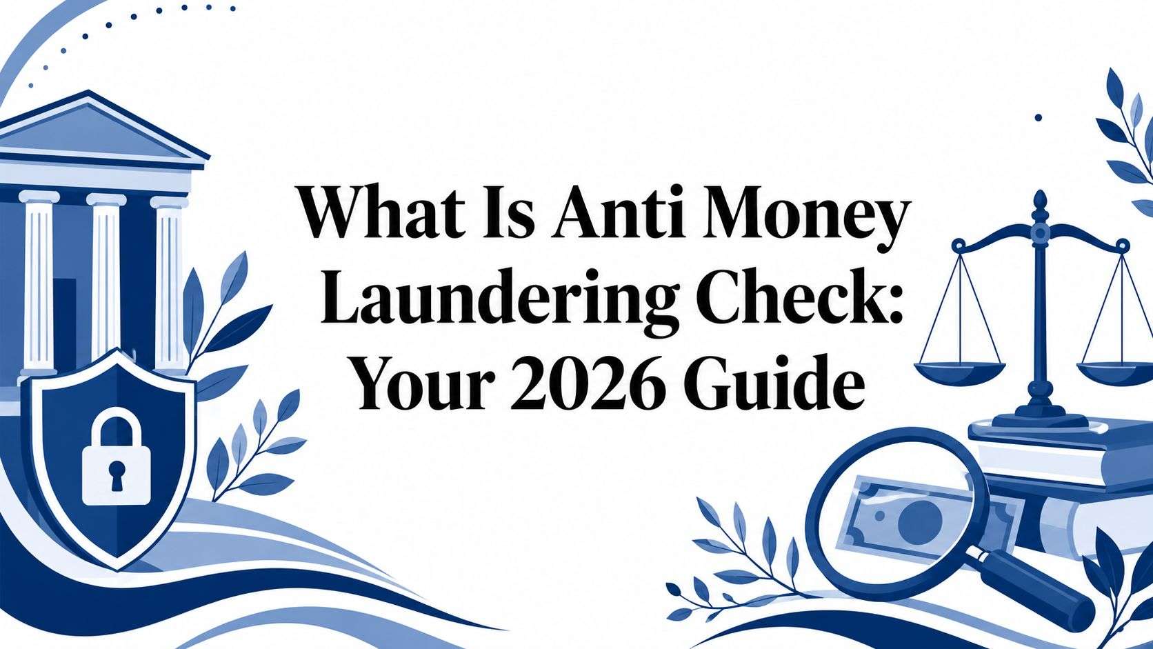 Informational banner about anti-money laundering guide featuring scales of justice, shield, bank facade, and magnifying glass in blue tones; text reads 'What Is Anti Money Laundering Check: Your 2026 Guide'
