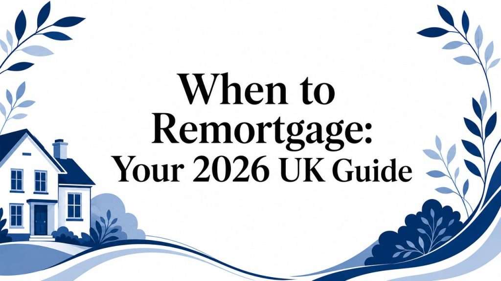 Blue decorative banner with a house on the left and foliage borders framing the title: 'When to Remortgage: Your 2026 UK Guide'.