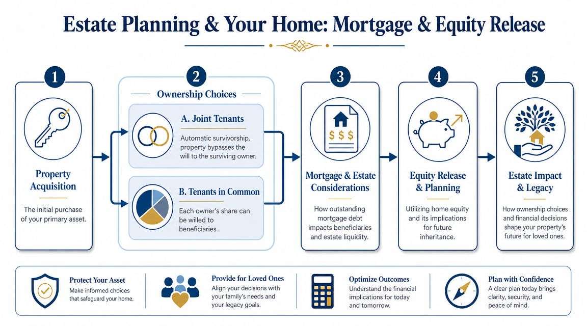 A flowchart explaining how property ownership, mortgages, and equity release impact estate planning and legacy.