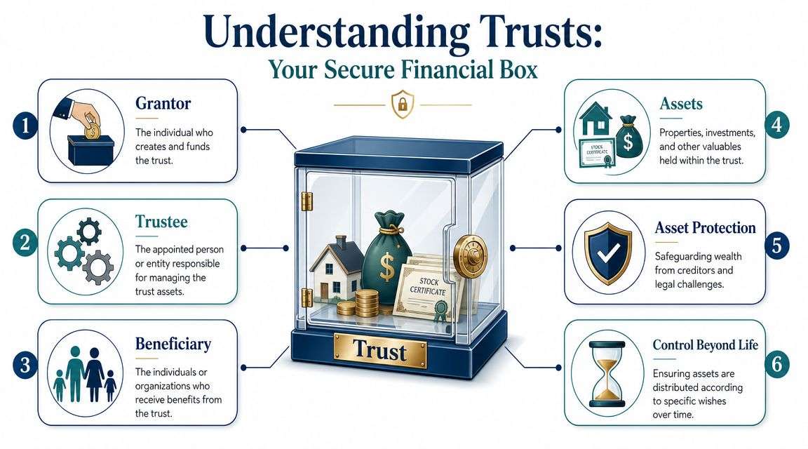 An infographic titled Understanding Trusts displaying six key components of a trust including grantor, trustee, and beneficiary.