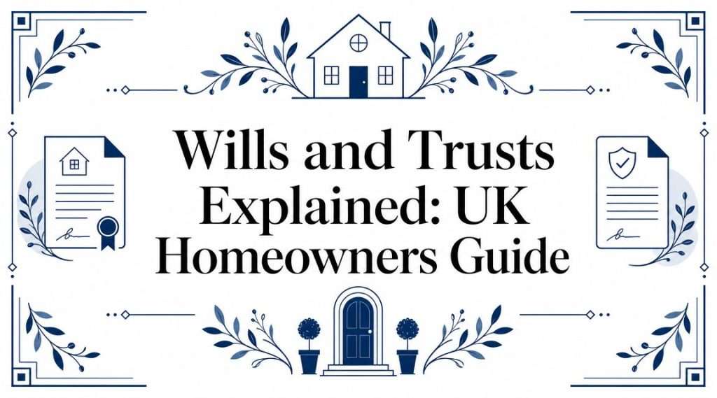Decorative title card reading 'Wills and Trusts Explained: UK Homeowners Guide' with blue ornamental borders and a central house icon flanked by plants and documents on a white background.