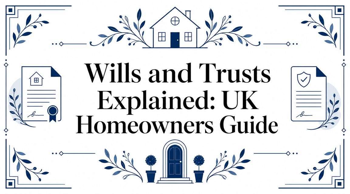 Decorative title card reading 'Wills and Trusts Explained: UK Homeowners Guide' with blue ornamental borders and a central house icon flanked by plants and documents on a white background.