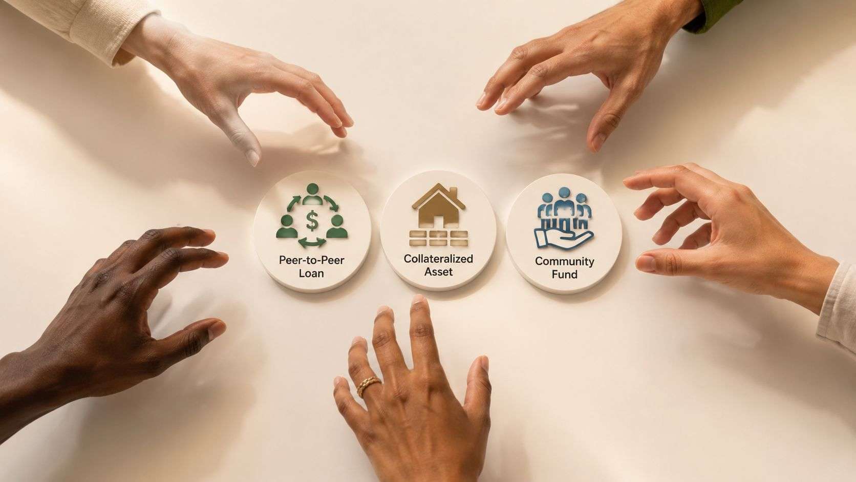 Multiple diverse hands reaching towards three round icons representing peer-to-peer loans, collateralized assets, and community funds.