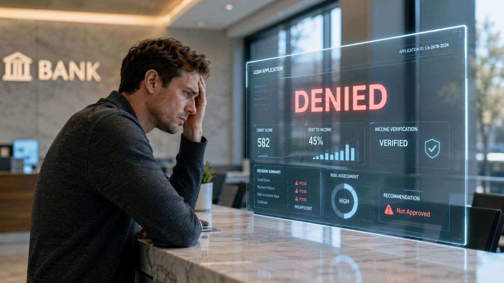 A man looking stressed at a digital bank screen displaying a loan application that has been denied.