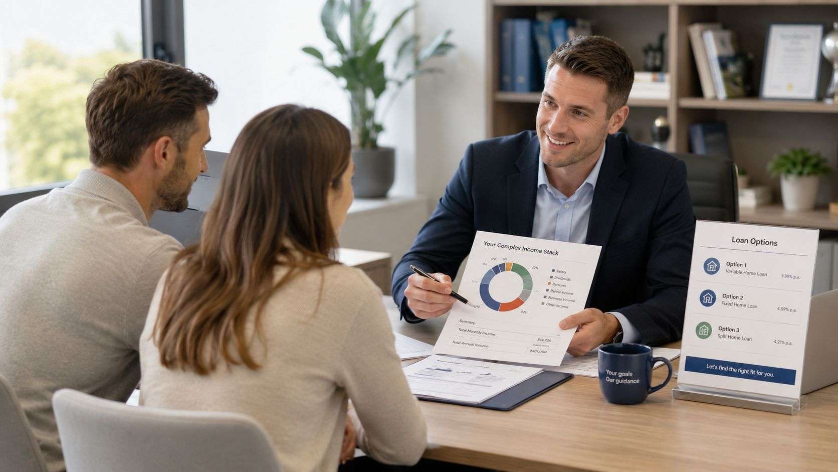 A financial advisor discusses home loan options and income charts with a couple in an office.
