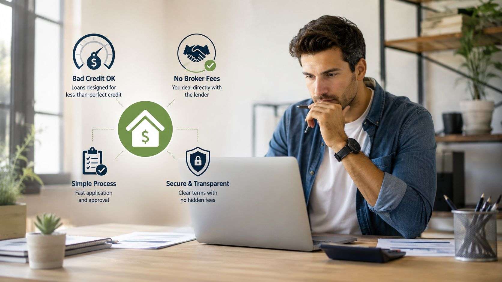 A man sits at a desk working on a laptop, displaying loan benefits including no broker fees.