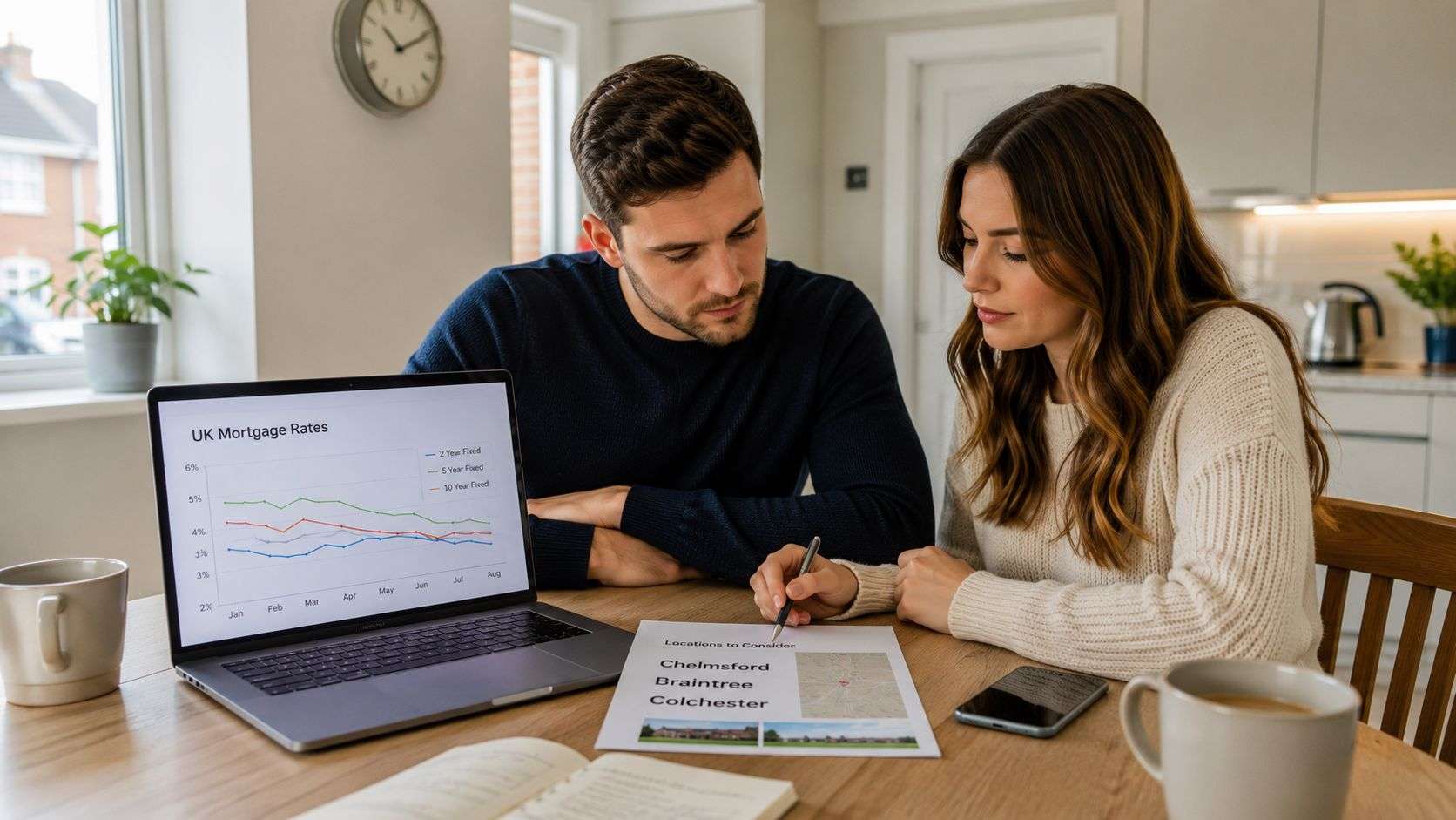 A couple sitting at a wooden table looking at mortgage rates on a laptop and property options.