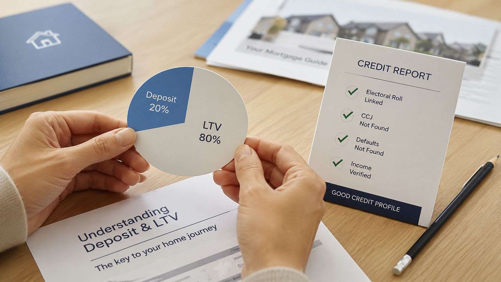 A person holding a pie chart showing a 20% deposit and 80% LTV, next to a good credit report.