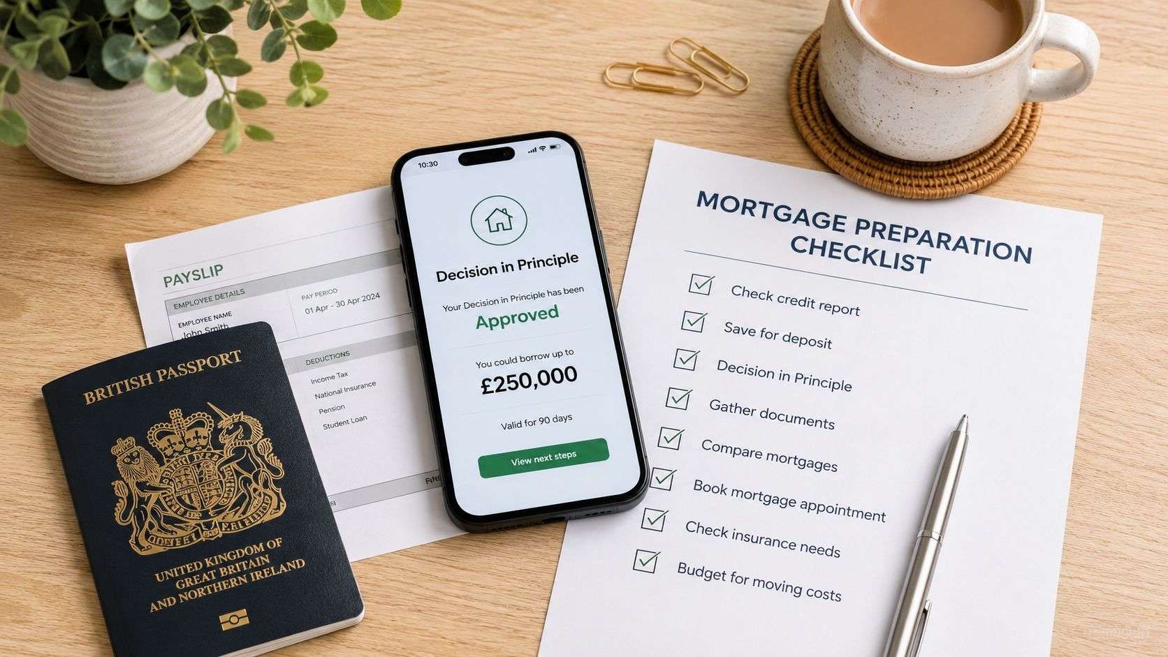 A smartphone showing a mortgage approval next to a passport, payslip, and a completed preparation checklist.