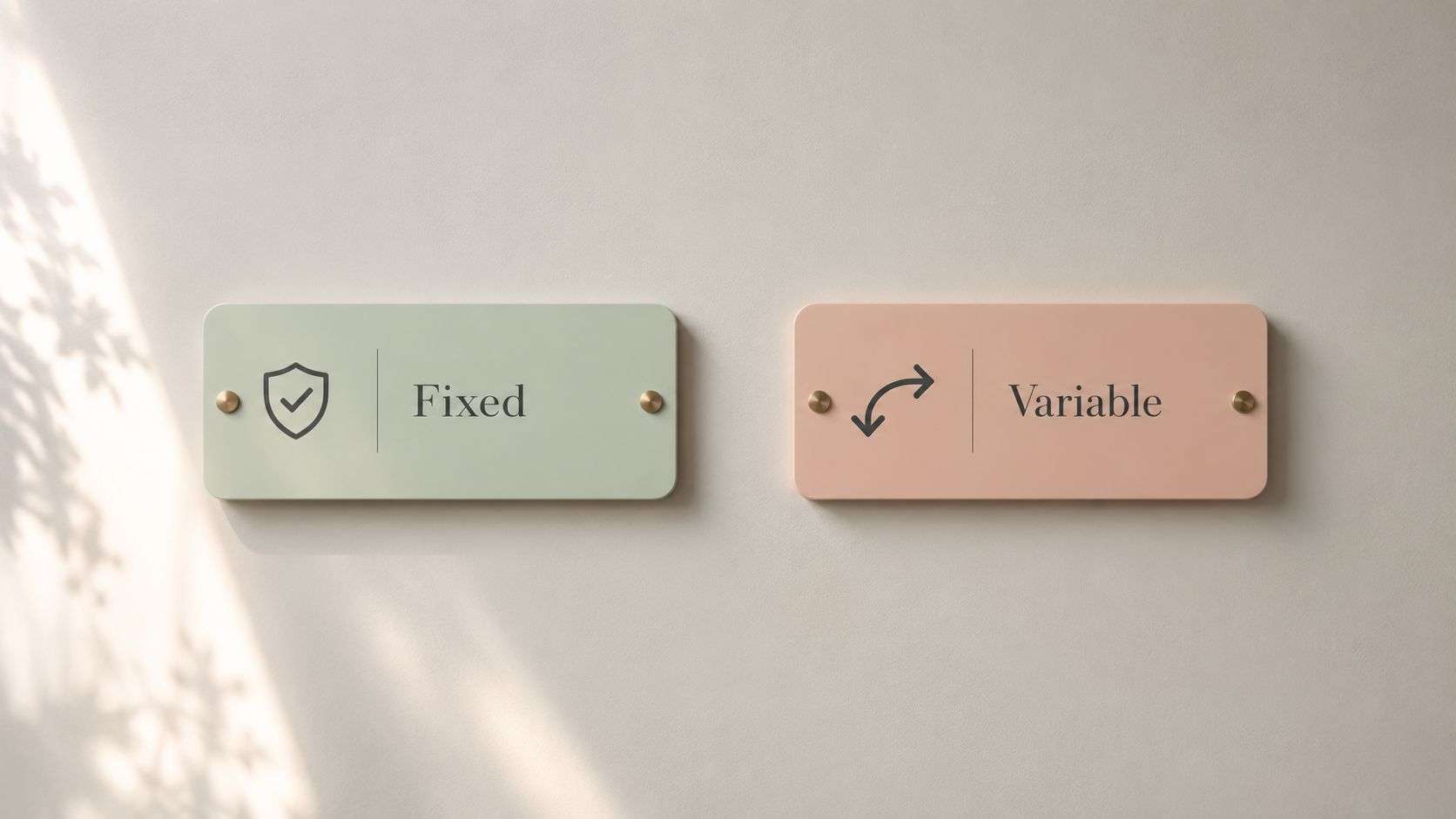 Two modern wall-mounted signs labeled Fixed and Variable representing mortgage interest rate options for homeowners.