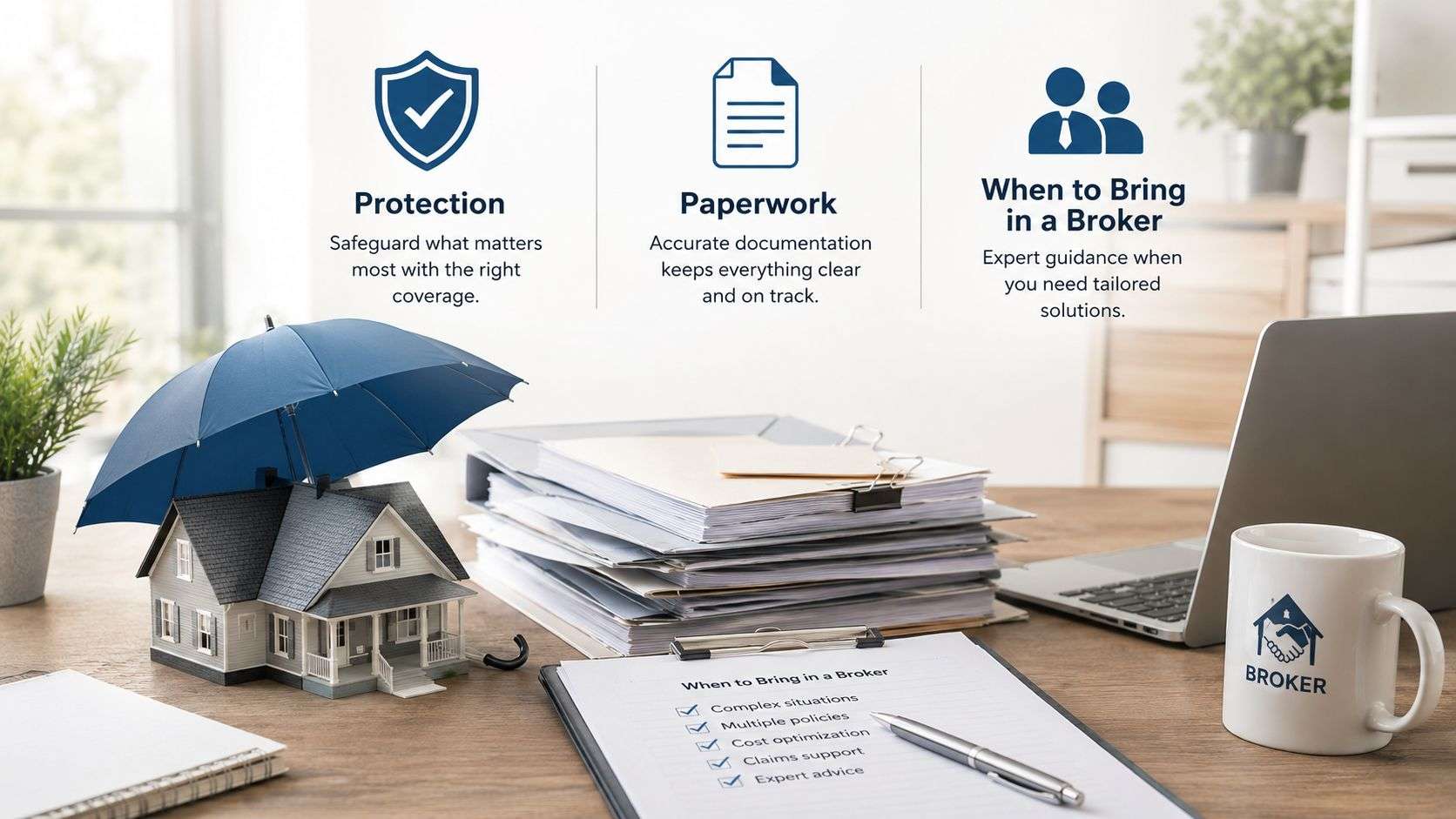 A wooden desk with a house model under an umbrella, stacks of paperwork, and insurance information.