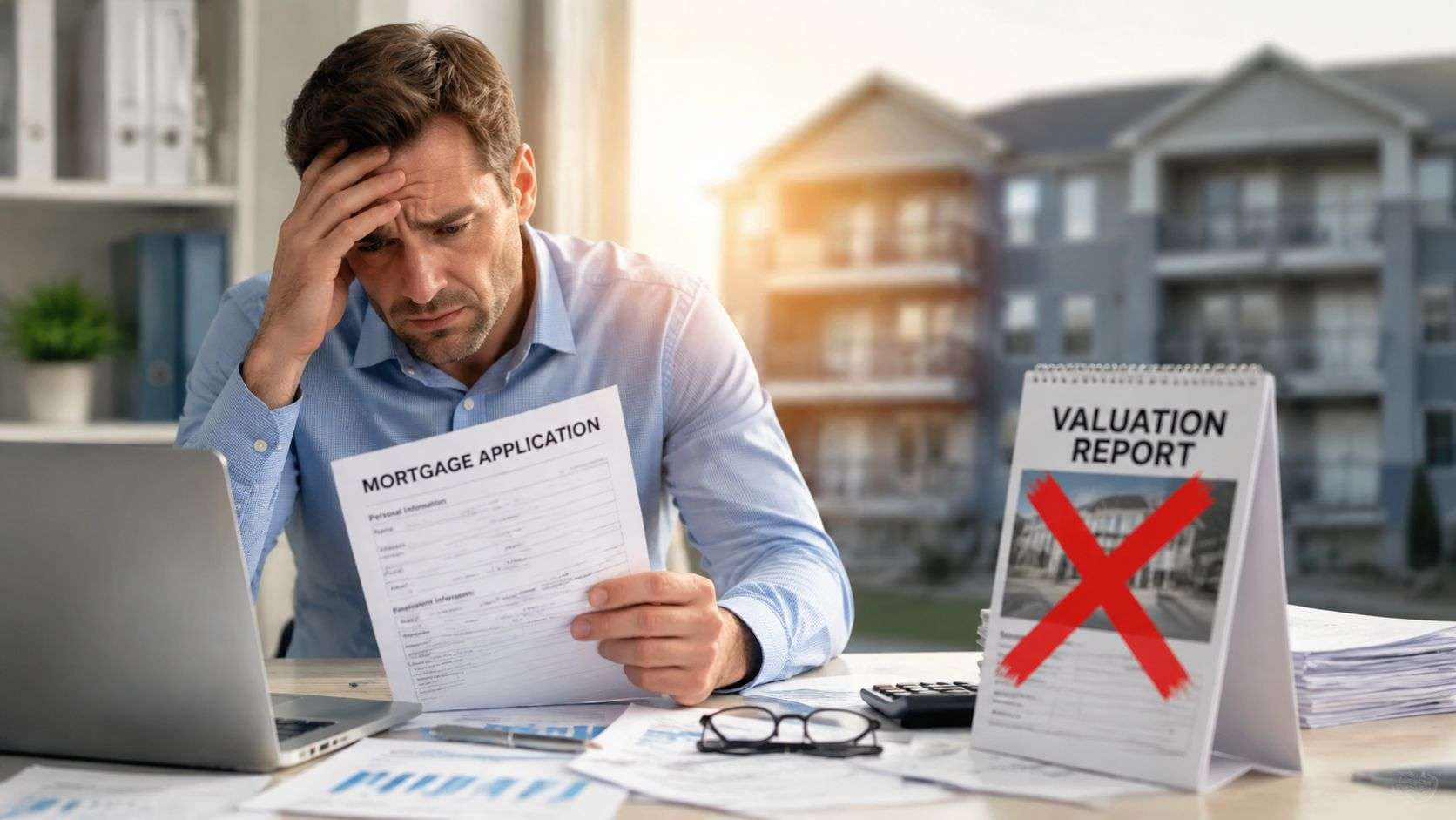 A stressed man looking at a rejected mortgage application and a valuation report on his desk.