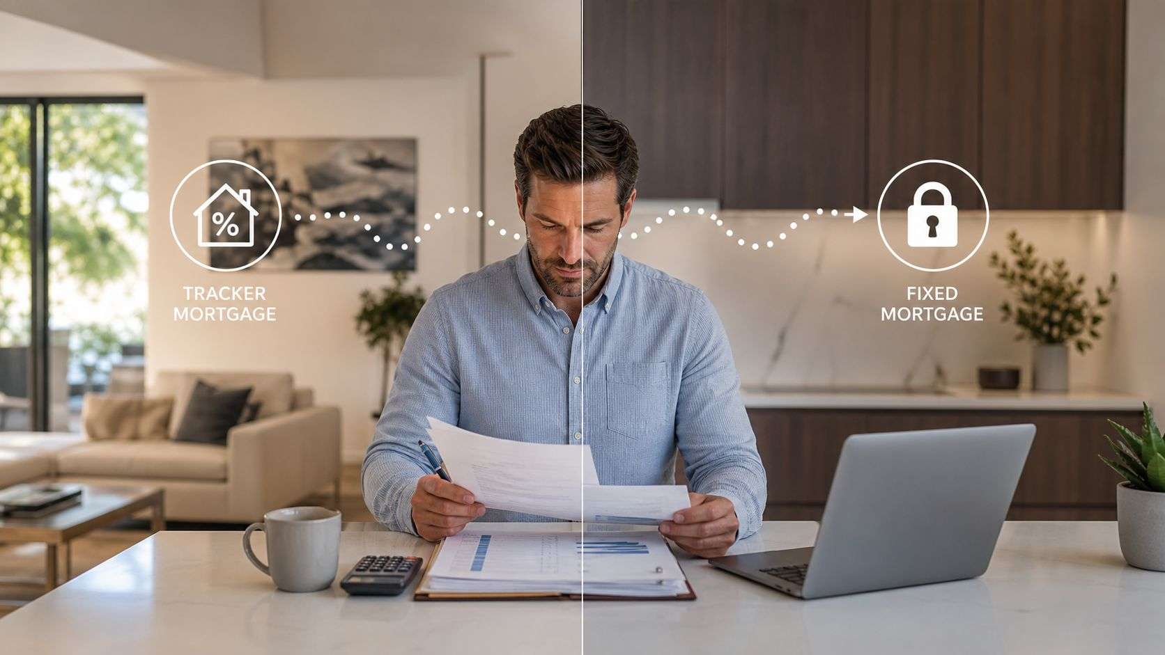 A man reviewing mortgage documents at a table, transitioning from tracker to fixed rate mortgage options.
