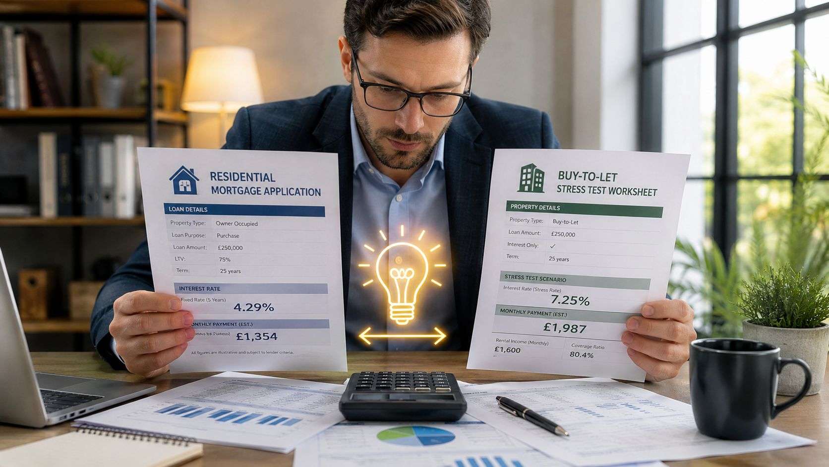 A professional man holding residential mortgage and buy-to-let stress test documents at an office desk.