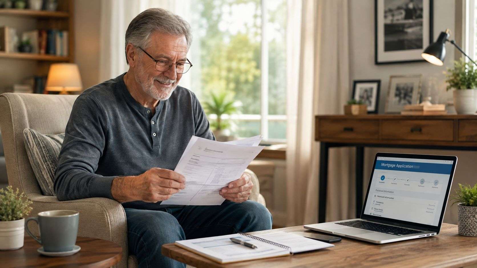 An older man sitting in a comfortable armchair, reading documents while filling out an online mortgage application.