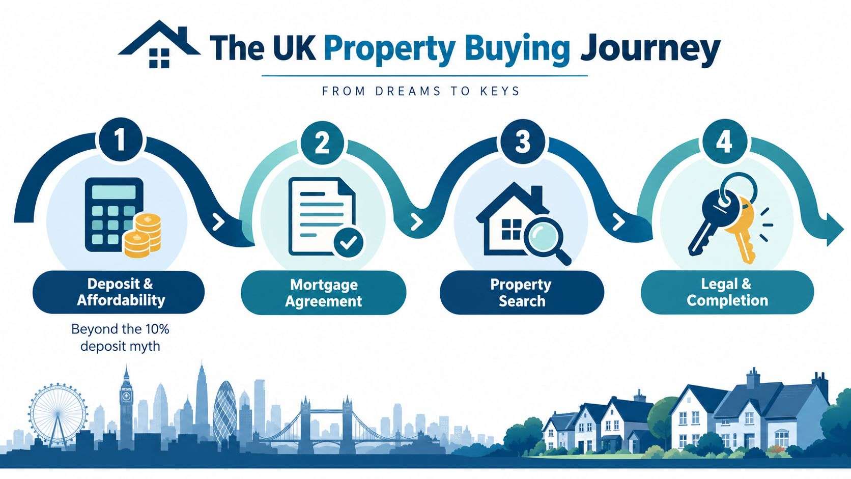 A diagram illustrating the four steps of the UK property buying journey from deposit to completion.