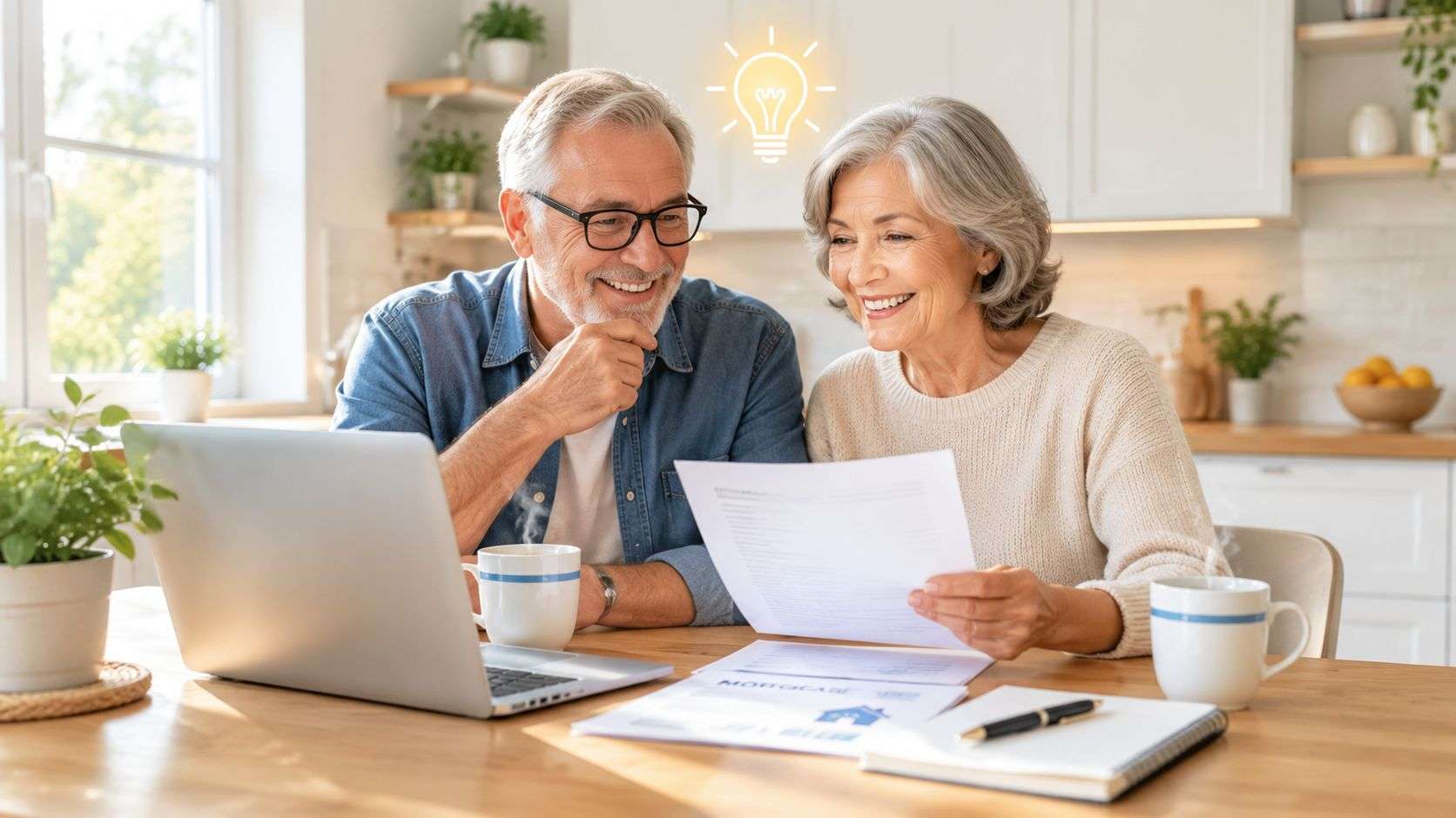 A happy senior couple sitting at a kitchen table while reviewing mortgage documents on their laptop.